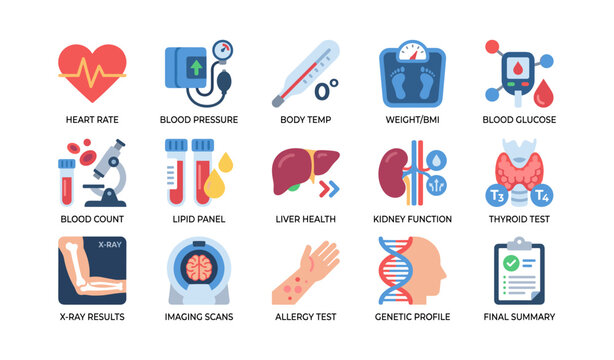 Medical test icons illustrating health metrics on white background