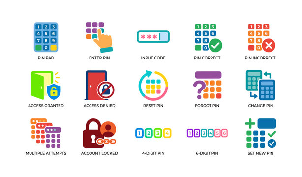 Pin entry and access control icons showing keypad and security states