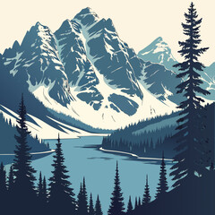 Mountain lake landscape with coniferous trees and snow capped peaks, mountains © md razab 1122
