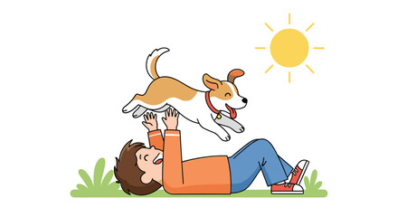 Obraz premium Happy young boy lying on the green grass and playing with his beagle dog on a sunny day with various plants.