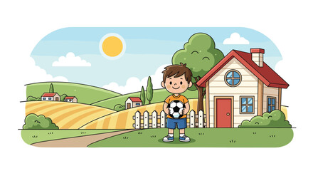Fototapeta premium Young boy holding a soccer ball while standing in a green field next to a house under a bright sunny sky.