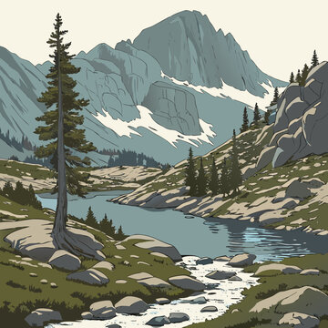 Rugged mountain landscape with alpine lake and flowing stream, mountain