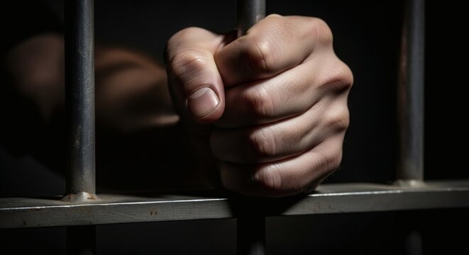 A person's hand gripping prison bars.