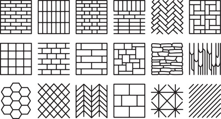 Fototapeta premium Set of various brick and stone wall patterns in black outline vector illustration for architectural design