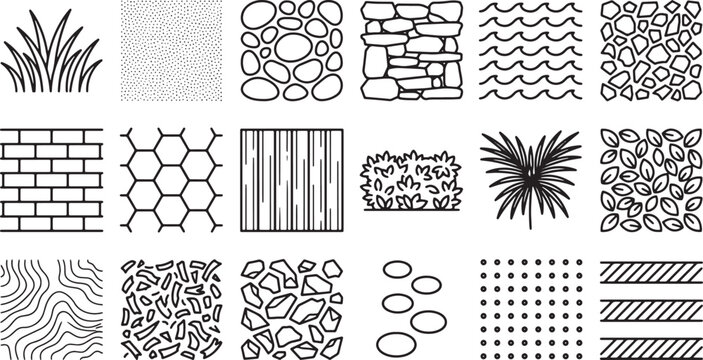 Set of hand drawn architectural texture patterns for landscape design and floor plans in black line vector