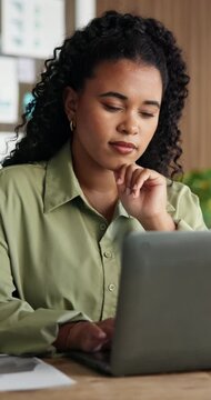 Thinking, businesswoman and typing with laptop in office, legal assistant and ideas for case on web. Law firm, paralegal and person with tech for trial preparation, planning and decision for project