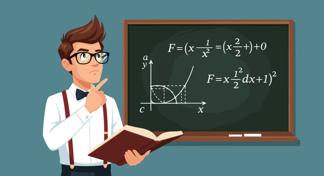 Thoughtful young man wearing glasses and bow tie ponders complex mathematical formulas written on a green chalkboard while holding a book.