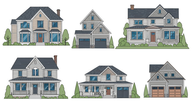 Collection of various modern suburban house architectural styles with multiple stories and garages for residential real estate market browsing.