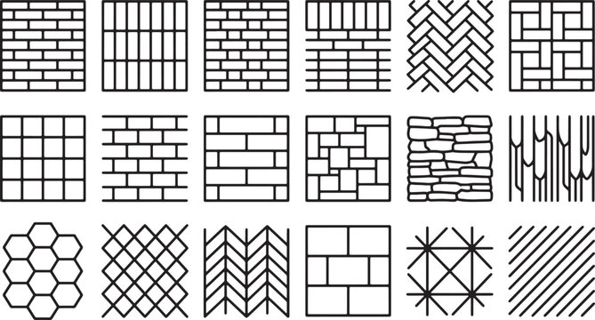 Set of various brick and stone wall patterns in black outline vector illustration for architectural design