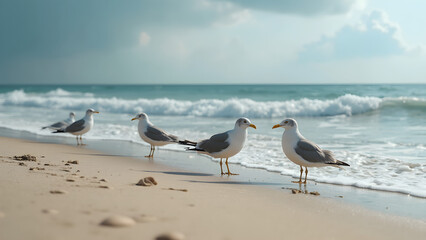 Fototapeta premium Seagulls at the beach. Beach seagulls feeding. Seagulls and beach activities. How seagulls interact at the shore.