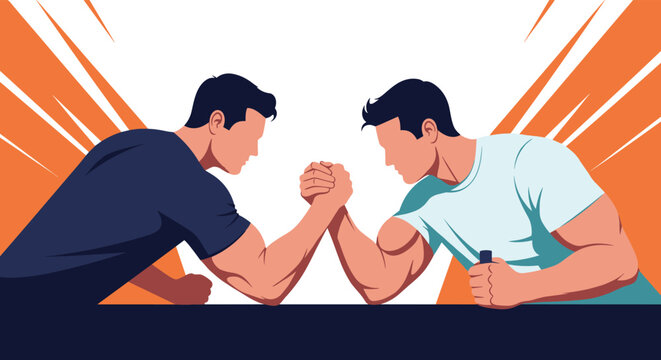 Two strong muscular men engaged in an intense arm wrestling match on a table with a vibrant orange and white ray background.