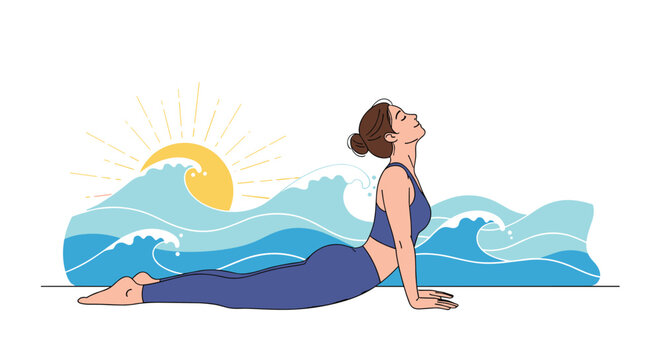 Fit woman practicing the cobra yoga pose on a serene beach with crashing ocean waves and a bright rising sun in the background.