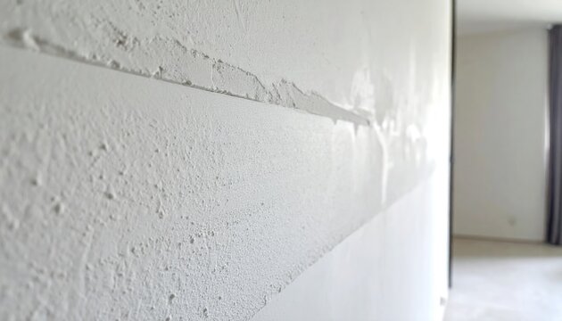 Close-up of a textured white wall with a horizontal line and imperfections.