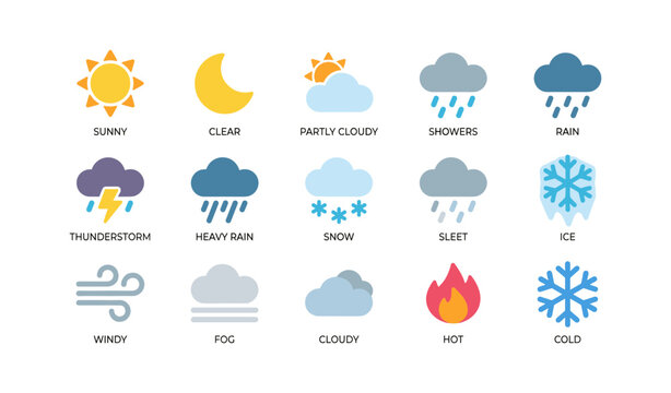 Weather condition icons arranged in rows on white background