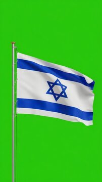 Israeli flag waves gently against a vibrant green screen. Its stripes and Star of David flutter in a soft breeze. The flag stands on a thin metal pole, centered in the frame