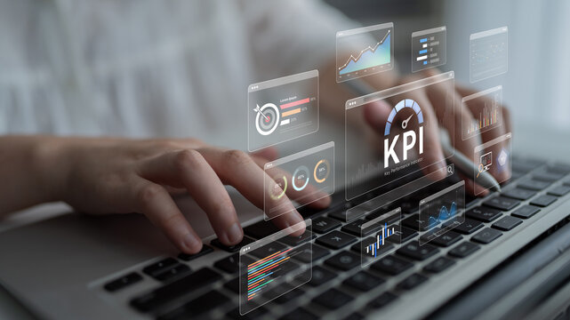 A business intelligence dashboard displaying various Key Performance Indicators (KPI). The data visualization tracks business metrics and measures performance against goals. Fermion