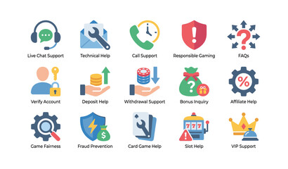 Fototapeta premium Support icons showing help categories for casino on white background