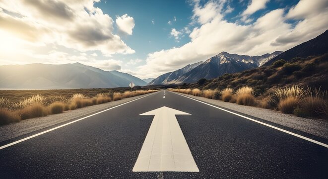 A long straight road with an arrow pointing upwards towards mountains