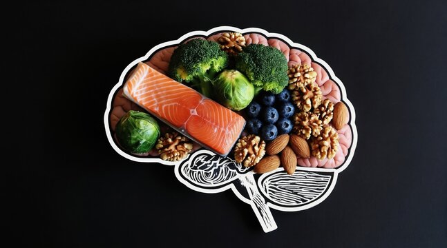 Brain shape filled with foods like salmon, blueberries, walnuts, almonds, broccoli and brussels sprouts. Nutrition for good memory and mental clarity. Healthy eating choices on black background.