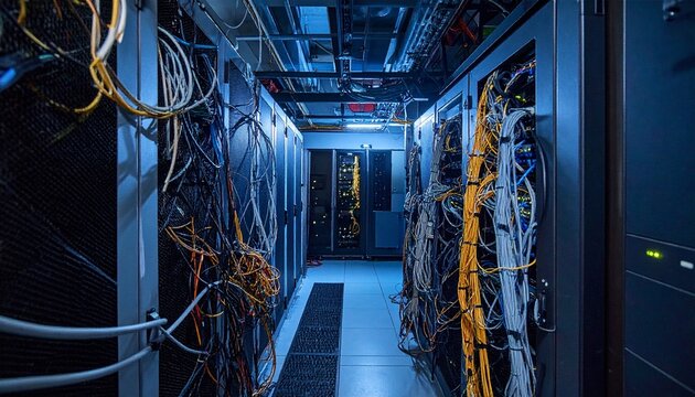 Messy Network Cables Connected To Server Rack In Dark Data Center