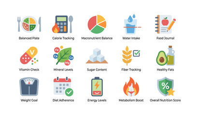 Fototapeta premium Nutrition and diet icons arranged in grid on white background