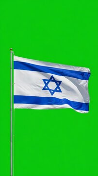 Israel flag waves gently on green screen background. Wind shifts the fabric, creating soft folds. The design stays crisp and bold throughout. Ideal for presentations, overlays, or digital composites