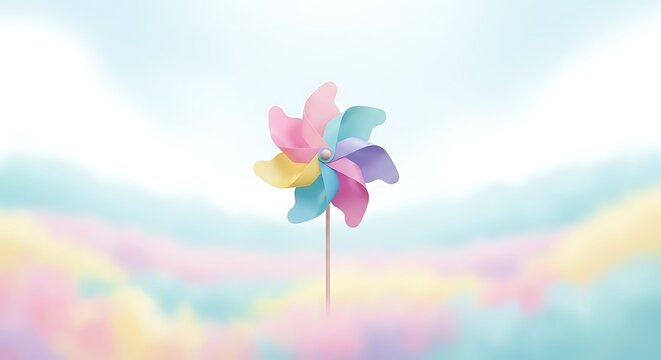 Pinwheel in childlike pastel setting with soft lighting and minimal composition, playful aesthetic capturing gentle colors, fun mood, and modern toy design.