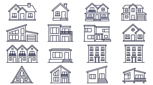 House Icon Set Showing Different Architectural Styles and Home Designs