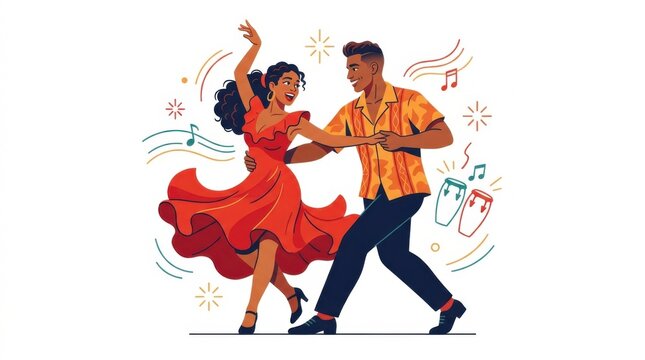 Latin Couple Dancing Salsa Together Flat Vector Illustration