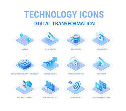 Technology icons set for Digital Transformation workflow diagram - isolated on white background - Data security, roadmap, AI business applications, customer experience - high quality isometric vector