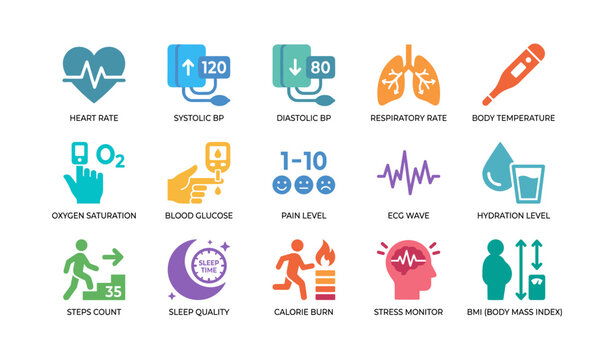 Health and fitness icons showing metrics on white background