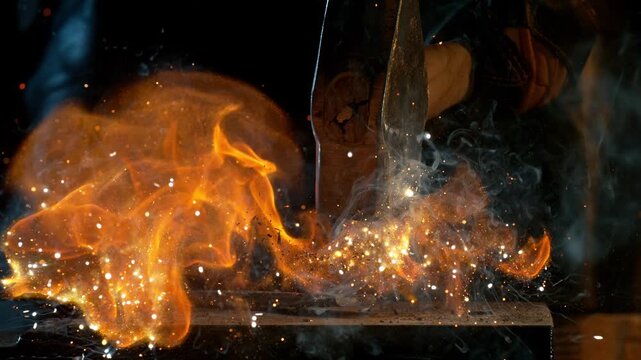 Close-up of blacksmith forging glowing hot iron on anvil with flying sparks. Super slow motion filmed on high-speed cinema camera at 1000 fps