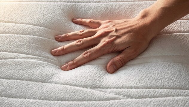 Close-up of a human hand press soft, comfortable mattress or cushion, highlighting the plush texture and conforming material with morning sun