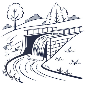 Illustration of a water weir with flowing river in a natural landscape, spillway