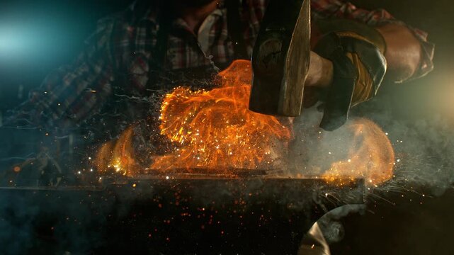 Close-up of blacksmith forging glowing hot iron on anvil with flying sparks. Super slow motion filmed on high-speed cinema camera at 1000 fps