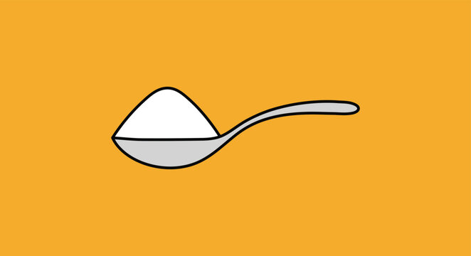 Spoonful of white powder on a bright orange background, simple sugar salt ingredient