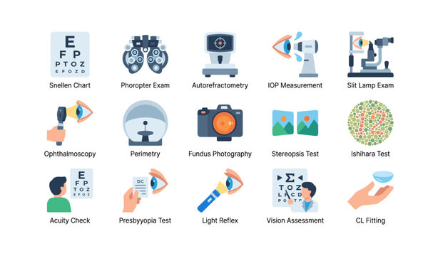 Ophthalmic examination and vision test icons on white background