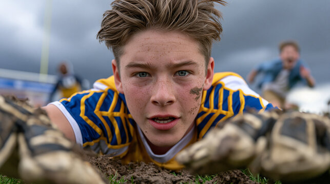 A teenage soccer goalkeeper dives full-extension across muddy grass under stormy grey skies, youth coach sprinting alongside the touchline shouting encouragement, dramatic overcast light, perfect fo