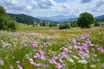 Fototapeta premium Wide view of a meadow filled with flowers under a cloudy sky in a hilly area during daylight hours