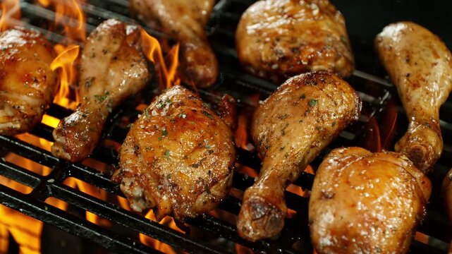 Slow Motion of Various BBQ Meat on a Grill with Roaring Flames . Camera Movement , Filmed on High Speed Cinematic Camera at 1000 FPS .