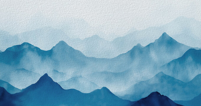 Delicate watercolor mountains or azure sea waves smoothly transition into misty blue layers on texture paper. Abstract textured background for page design, banner template or wallpaper.