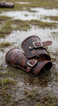 Mud-Splattered Leather Bracers with Undone Buckles