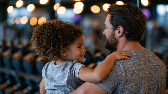 A father introduces his daughter to a gym for the first time on a quiet Sunday morning, both standing before a dumbbell rack, his hand on her shoulder, warm low light, a before-the-journey stillness