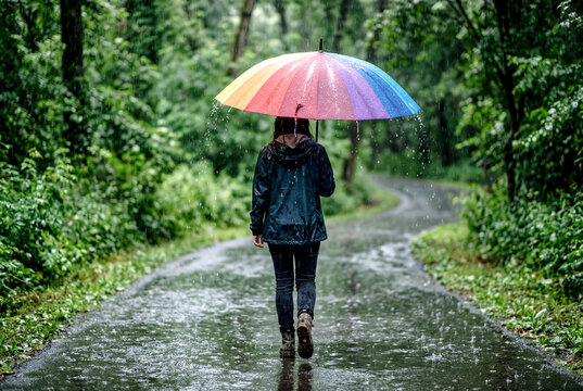 雨の森を虹色の傘で歩く人