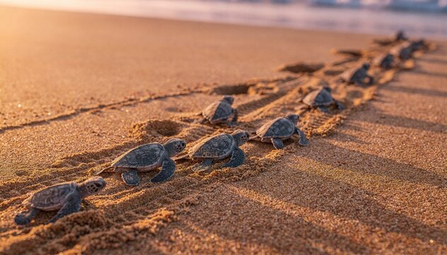 A line of adorable hatchling marine turtles embarks on their maiden journey across the textured golden sand beach towards the shimmering ocean waves at sunset