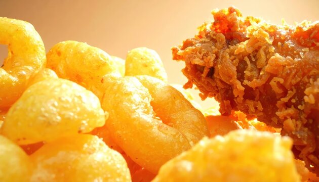 Close-up of Crunchy Corn Puffs and Fried Chicken Piece.