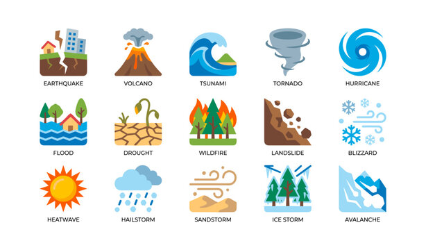 Natural hazard icons arranged in rows on white background