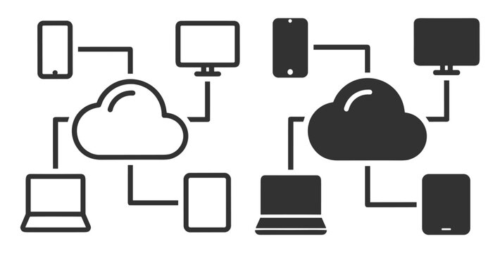 cloud network icon, connected devices, data communication, internet system and digital connectivity concept, outline and filled vector illustration on transparent background