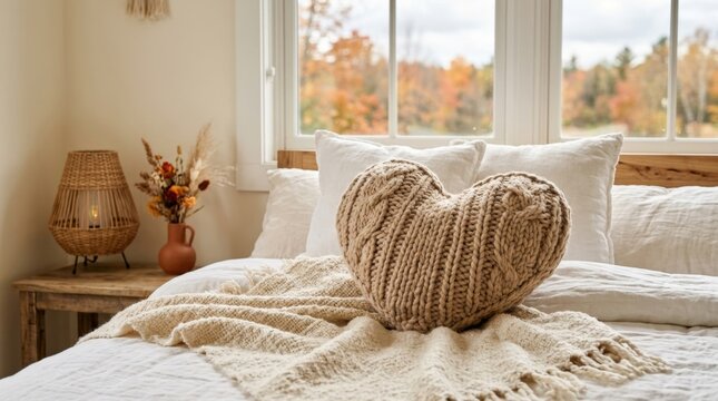 Cozy bed interior with a beige heart-shaped chunky knit pillow on a cream wool throw, soft autumn light, and warm boho hygge decor.

