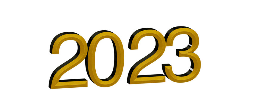 3D render of the year 2023 in gold and black text isolated on a white background. Perfect for new ye